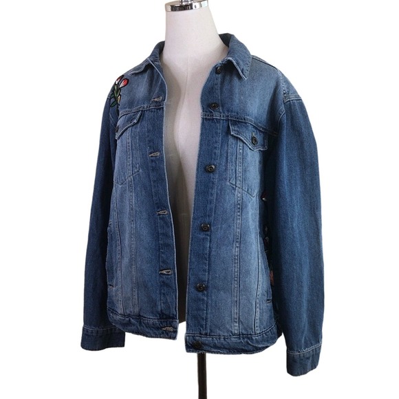 Sneak Peek Blue Denim Jean Jacket Boho Floral Embroidered Trucker M - Picture 6 of 10